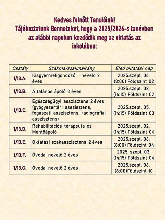 Tájékoztatás! A felnőttek szakmai oktatásában tanulókat az első oktatási napjuk időpontjairól.