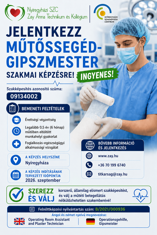 Műtőssegéd-gipszmester felnőttképzés indítását tervezzük 2026. szeptembertől iskolánkban