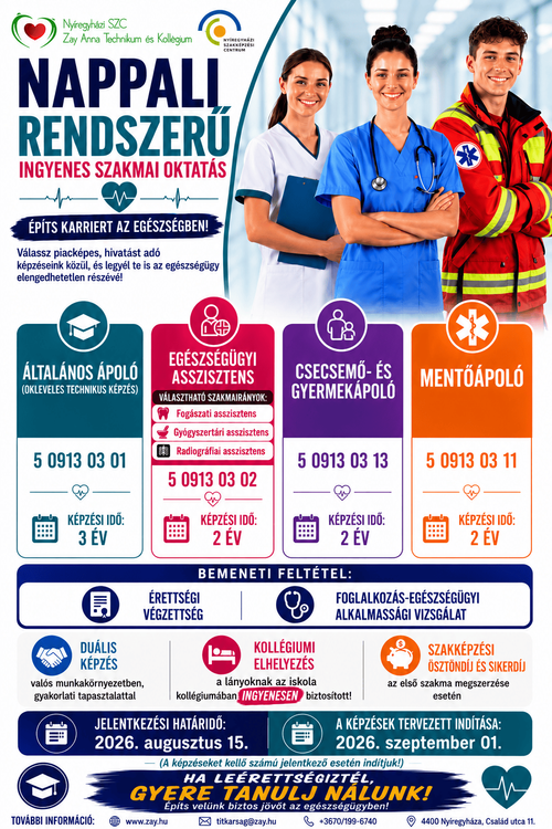 Nappali rendszerű egészségügyi ágazatos képzési kínálatunk a 2026/2027-es tanévre 
