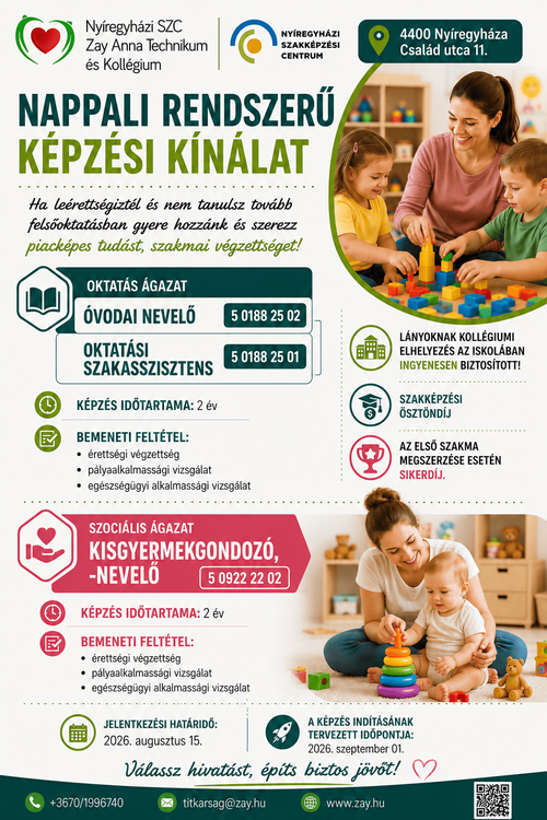 Nappali rendszerű képzések a 2026/2027-es tanévtől a szociális és oktatás ágazatban