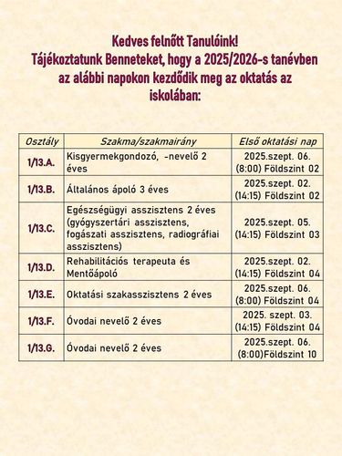 Tájékoztatás! A felnőttek szakmai oktatásában tanulókat az első oktatási napjuk időpontjairól.