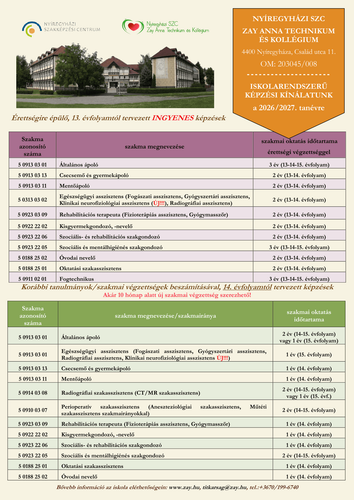 Tájékoztatjuk az érdeklődőket a 2026/2027-es tanévben felnőttek szakmai oktatása keretében indítani kívánt képzéseinkről.