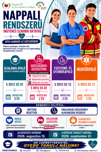 Nappali rendszerű egészségügyi ágazatos képzési kínálatunk a 2026/2027-es tanévre