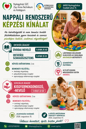 Nappali rendszerű képzések a 2026/2027-es tanévtől a szociális és oktatás ágazatban